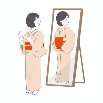 A woman in a yukata looking in the mirror, fem, japonais, yukata, JPG, PNG and AI