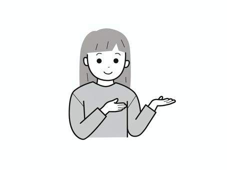 両手でどうぞとする女子2／白黒 上半身,長袖,両手,どうぞ,お勧め,子供,女の子,女児,小学生,幼児のイラスト素材