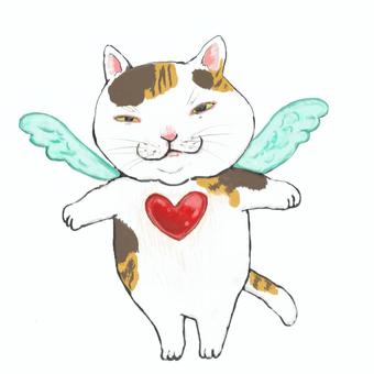 羽の生えたミケにゃん 猫,三毛,羽,ハート,バレンタイン,手描き,イラストのイラスト素材