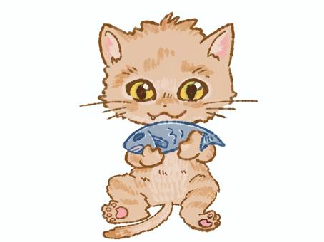 魚を持ってニンマリする猫 猫,魚,動物,キャット,生魚,笑顔,ニンマリ,持つ,捕食,食べるのイラスト素材