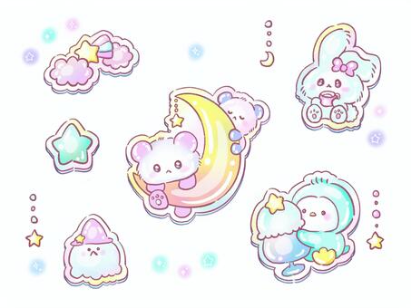 立体シール風の夜のゆめかわ動物セット 夜,おやすみ,ゆめかわ,シール,立体シール,セット,パステル,ファンシー,月,星のイラスト素材