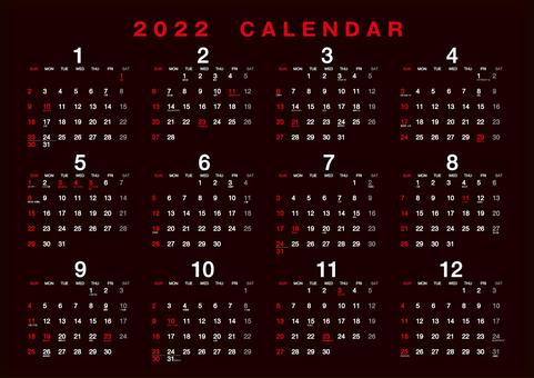2022 年曆黑色 A4, 2022年, 年历, 12个月, JPG 和 AI