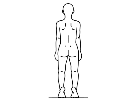 後ろ向きの爪先立ちして踵が内に寄る人 立位,姿勢,背筋,後ろ姿,背伸び,足,運動,エクササイズ,白黒,線画のイラスト素材