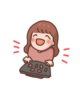 焼けたクッキーを見せてくれる笑顔の女性 天板,クッキー,料理,渡す,笑顔,女性のイラスト素材