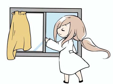 白衣を着た女性 換気 女性,白衣,女医,先生,換気,窓,カーテン,衛生,空気の入れ替え,涼のイラスト素材