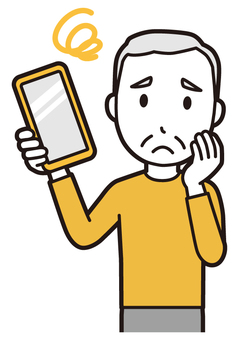  ロンTお爺さん(黄)-477-バスト スマホ,困る,お爺さん,高齢者,老人,男性,祖父,人物,かわいい,悩むのイラスト素材
