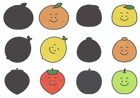 シルエットクイズ冬のくだもの　顔つき シルエット,クイズ,冬,みかん,レモン,いちご,ゆず,でこぽん,あおりんご,挿絵のイラスト素材