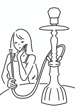シーシャと薄着のロングヘア女性　線画 シーシャ,女性,キャミソール,薄着,リラックス,線画のイラスト素材