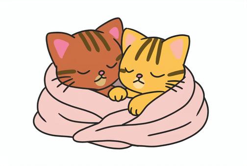 毛布にくるまって 毛布,子猫,茶トラ,2匹,ねこのイラスト素材