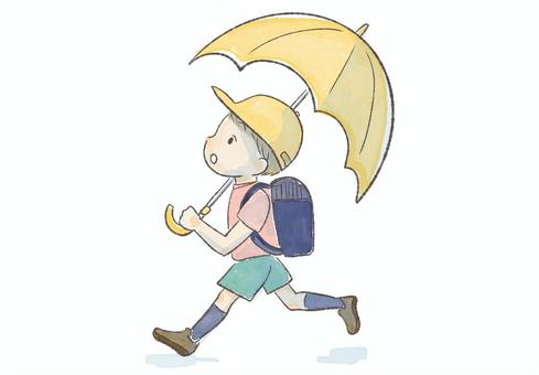 雨の日の小学生男子 雨,水彩,子ども,小学生,学校,男子,男の子,傘,通学,登校のイラスト素材