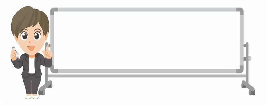 白板傍でペンと指さす若いビジネス女性① 先生,教師,教員,指導員,スーツ,ビジネス,会社,指を指す,指差し,解説のイラスト素材