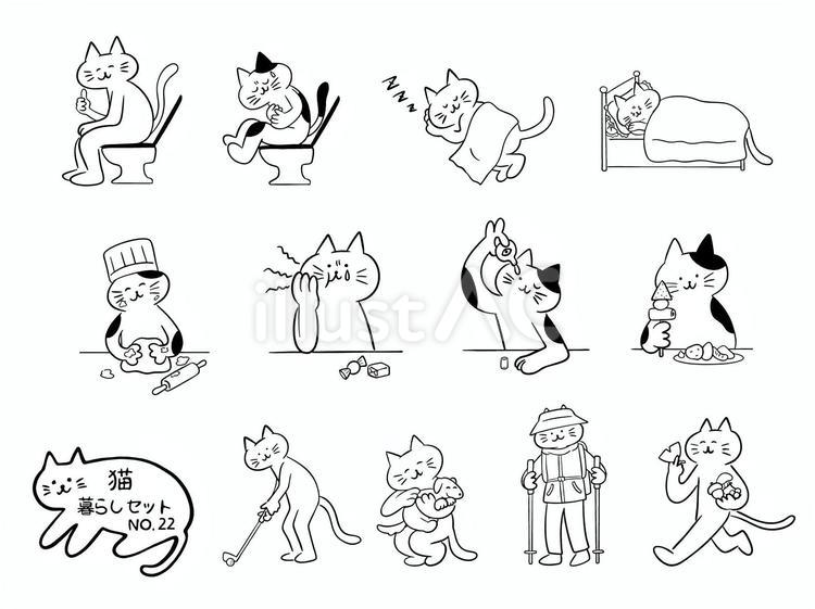 猫・暮らしセット　No.22（モノクロ） 猫,トイレ,排泄のイラスト素材