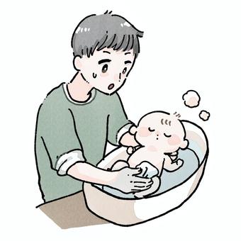 初めての沐浴にドキドキするパパ 初めての沐浴にドキドキするパパ パパ,赤ちゃん,ベビーバス,沐浴,お風呂,ベビーケア,入浴,イクメン,父親,お父さんのイラスト素材