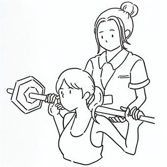 スポーツジムのインストラクター(線画) インストラクター,コーチ,ジム,スポーツジム,筋トレ,トレーナー,トレーニング,筋肉,ダンベル,サポートのイラスト素材