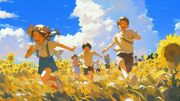 ひまわり畑と夏の日の子供たち ひまわり畑と夏の日の子供たち 風景,自然,夏のイラスト素材