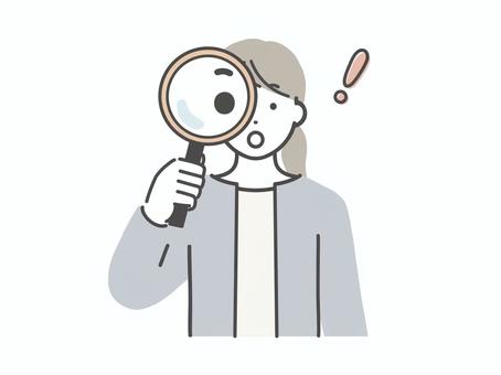 虫眼鏡を覗いて驚く若い女性 女性,人物,虫眼鏡,発見,驚く,びっくり,気づく,見つける,観察,拡大のイラスト素材