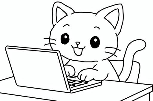 パソコンを使う猫の線画 猫,動物,キャラクター,ノートパソコン,パソコン作業,パソコン操作,タイピング,キーボード,机,デスクワークのイラスト素材