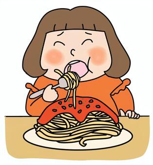 大盛りパスタを食べる女性 女性,かわいい,ゆるい,手描き,パスタ,大盛り,ミートソース,デカ盛り,大食い,おいしいのイラスト素材