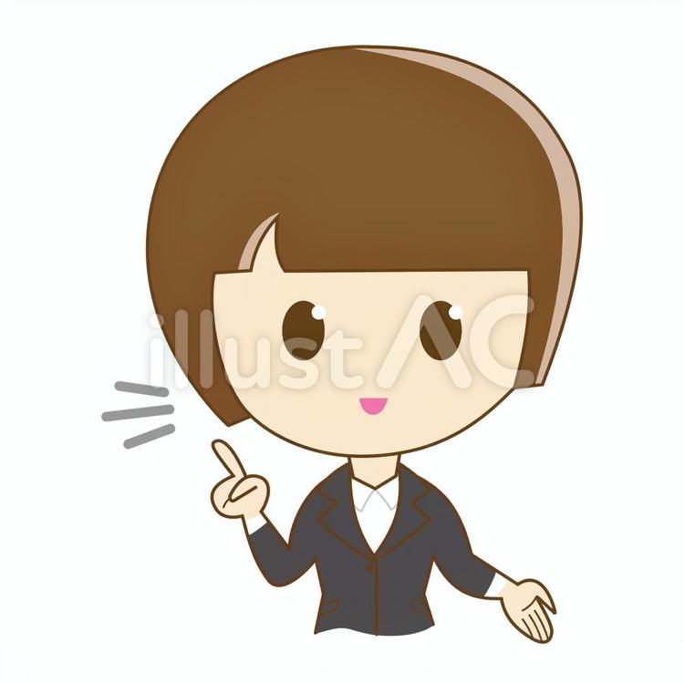 指差しポーズで説明するスーツ姿の女性 指差しポイント,スーツ,かわいいのイラスト素材