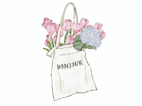 バッグの水彩のチューリップと紫陽花の花 花,チューリップ,アジサイ,バッグ,水彩,紫陽花,ナチュラル,ボタニカル,フラワーアレンジ,グリーンのイラスト素材