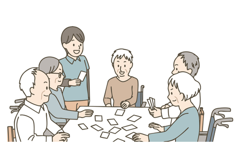 高齢者が集団でカルタを楽しむレク 介護,介護士,職員,レクリエーション,カルタ,カードゲーム,ゲーム,遊び,高齢者,お年寄りのイラスト素材