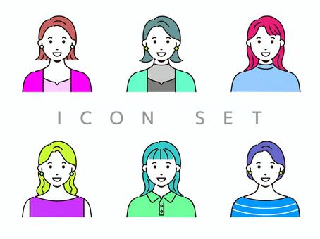 ビビットカラーな女性のアイコンセット 女性,アイコン,ビビットカラー,笑顔,sns,カラフル,個性的,線画,おしゃれ,シンプルのイラスト素材