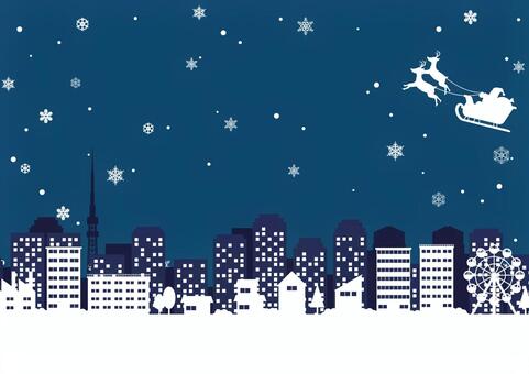 夜の雪降るクリスマスの都会とサンタ クリスマス,雪,結晶,街,サンタクロース,トナカイ,そり,ビル,家,観覧車のイラスト素材