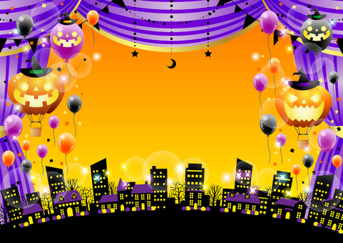 Halloween2591 幕,カーテン,街並み,家,風船,バルーン,気球,ハロウィン,かわいい,背景のイラスト素材