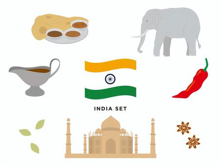 インド　イラストセット インド,国旗,カレー,スパイス,カルダモン,スターアニス,唐辛子,像,タージマハル,旅行のイラスト素材