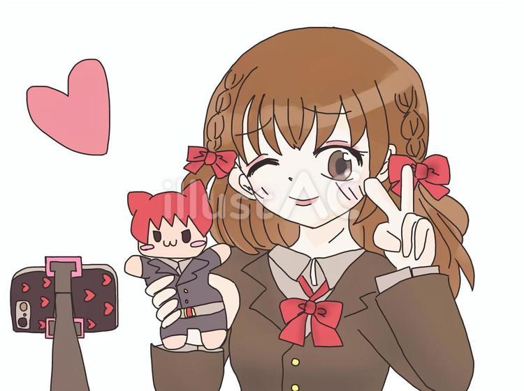 推しぬいと自撮りをする女子高生 推し活,ぬい,女子高生のイラスト素材