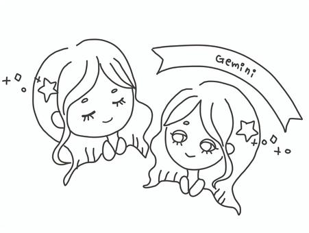 ふたご座(Gemini)モノクロ ふたご座(Gemini)モノクロ 星座,占い,女の子,かわいい,平面的,線画のイラスト素材