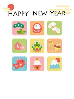 お正月アイコンのハッピーニューイヤー/縦 年賀状,お正月,ハッピーニューイヤー,新年,挨拶,門松,ダルマ,鯛,扇子,富士山のイラスト素材