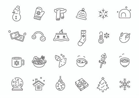 冬の白黒線画のイラストアイコンセット アイコン,冬,雪,結晶,雪だるま,セット,防寒具,マフラー,手袋,ニットのイラスト素材