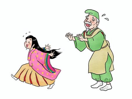 これこれ、そんなに走ったらぁ～ 人物,大人,男性,おじいさん,翁,竹取物語,汗,心配,こども,女の子のイラスト素材