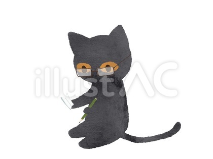 水彩風勉強する黒猫