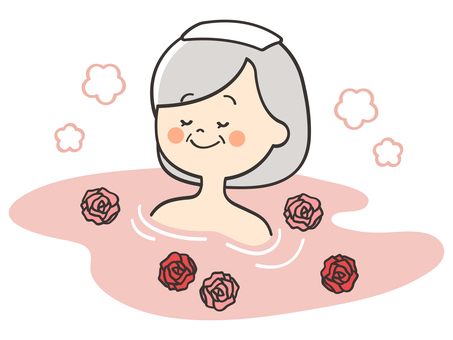 薔薇風呂に浸かるおばあさん 温泉,銭湯,お風呂,薔薇,薔薇風呂,バラ,バラ風呂,おばあさん,花,風呂のイラスト素材