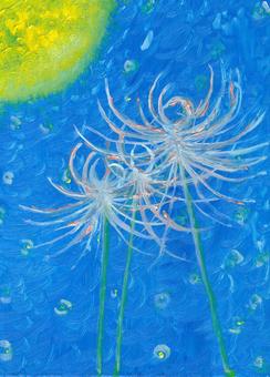 higanbana リコリス,花,青,夜,月,幻想的,アクリル画,アート,神秘的,鮮やかのイラスト素材