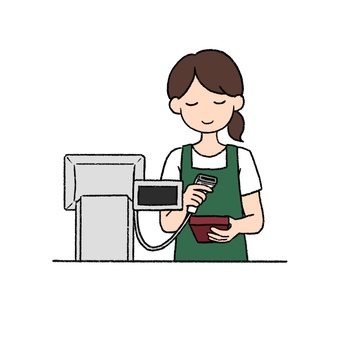 レジ打ちをする女性店員のイラスト レジ,女性,接客,カウンター,店,買い物,スーパー,コンビニ,お店,アルバイトのイラスト素材