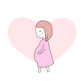 妊婦さん 妊娠中,マタニティ,お腹をさする,目を瞑る,裸足,ピンク,ハート,臨月のイラスト素材