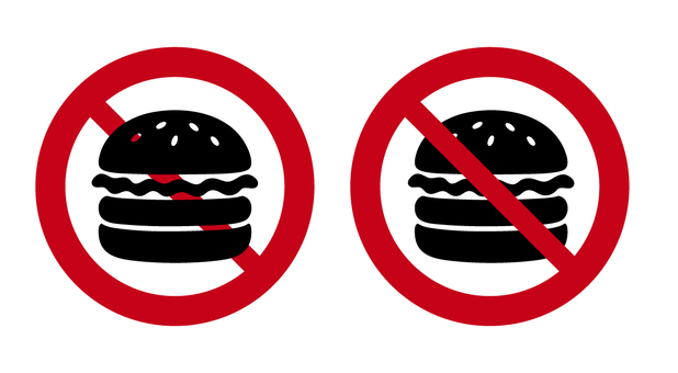 #3396飲食禁止 飲食禁止,食事禁止,持ち込み禁止,ハンバーガー,食べ物,禁止マーク,ピクトグラム,標識,注意,警告のイラスト素材