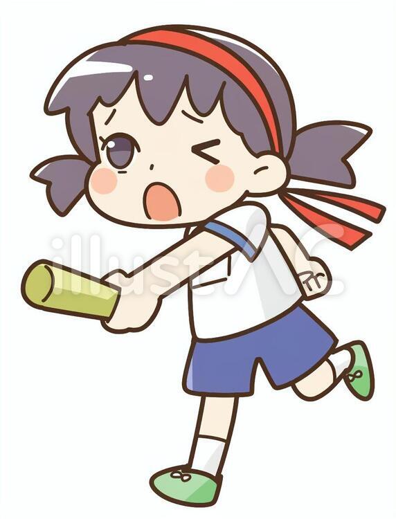 バトンを渡す女の子 リレー,走る,運動会のイラスト素材