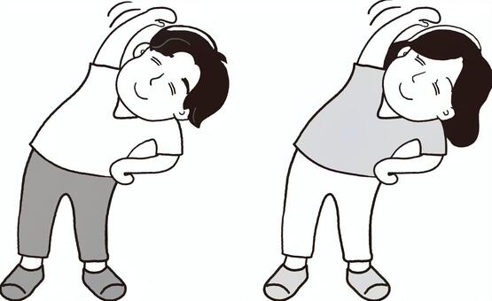 モノクロのラジオ体操をする大人 ラジオ体操,モノクロ,白黒,グレースケール,体操,運動,ストレッチ,大人,健康,線画のイラスト素材