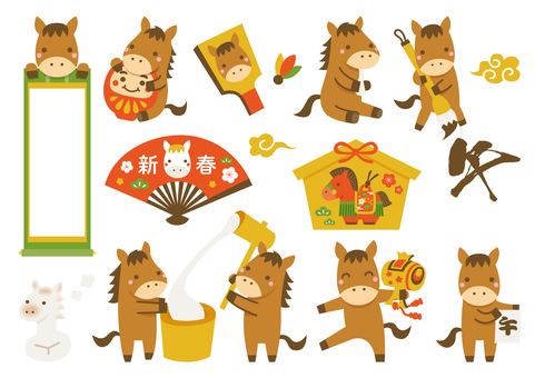 かわいい午とお正月のイラスト01 午,午年,馬,お正月,年賀状,2026年,年賀はがき,新春,正月,和のイラスト素材