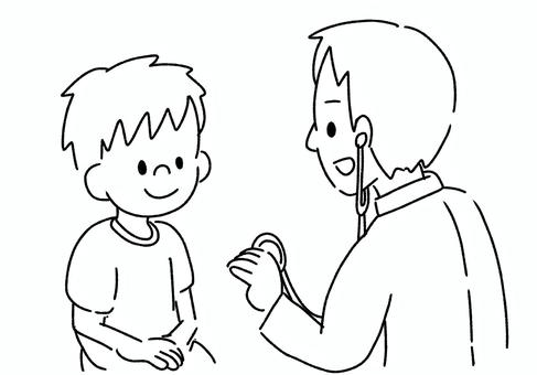 内科検診 医者,子ども,聴診器,白黒,手書き,透過,挿絵,内科,男の子のイラスト素材