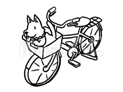 【白黒】自転車のカゴに犬【線画】