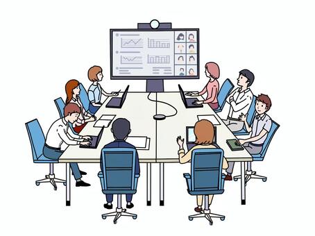 男女８名　オフィス　テレビ会議　B tv会議,ミーティング,20代,会社,企業,社員,30代,人物,40代,営業部のイラスト素材