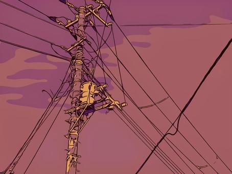 夕焼けと電柱背景素材 背景,挿絵,夕焼け,電柱,電線,線画のイラスト素材