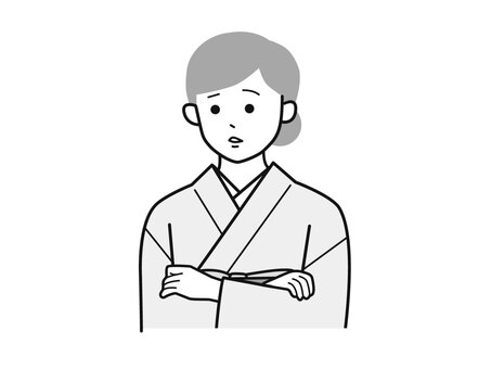話を聞き悩み考える着物女性A左／白黒 腕組み,聞く,考える,女性,お母さん,着物,講師,20代,30代,40代のイラスト素材