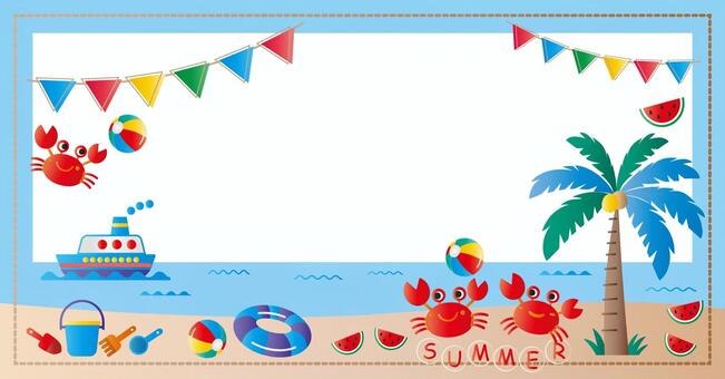 夏素材のバナー■海とヤシの木のフレーム風 夏,海,バナー,ヤシの木,カニ,スイカ,船,海辺,楽しい,タイトルのイラスト素材