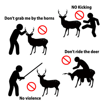 日本の鹿に対する警告ピクトグラム 日本,奈良,鹿,トラブル,防止,観光客,叩く,乗る,跨る,ルールのイラスト素材